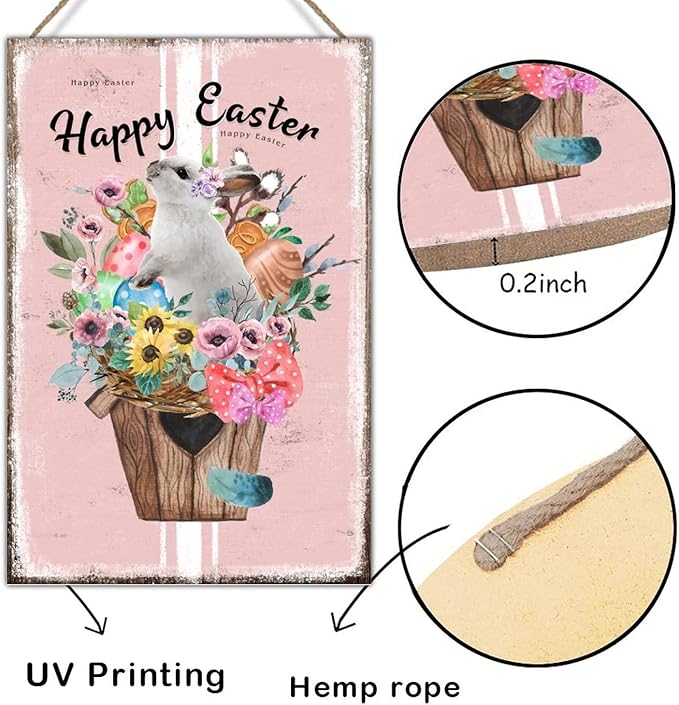 Wood Sign Plaque French Style Floral Pink Stripes Sign Happy Easter Flower Basket Bunny Wood Hanging Signs Farmhouse Easter Decor Happy Spring Wall Art Sign for Living Room 12x18in