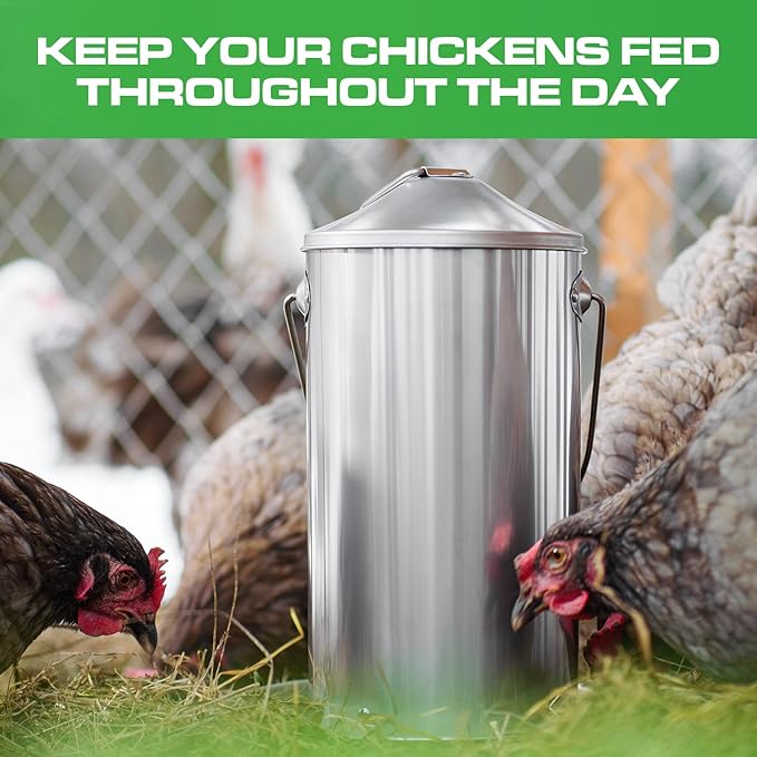 Plexon 8.8 Lb Stainless Steel Hanging Chicken Feeder no Waste Food-Grade - Duck Turkey Poultry Feeder for Chicken Metal - Heavy Duty Reliable Long-Lasting with Handle