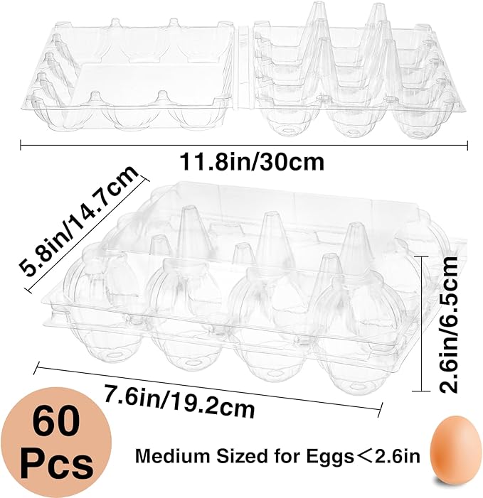 Youeon 60 Pcs Plastic Egg Cartons 12 Count, Clear Egg Cartons for Chicken Eggs 3x4 Grid, Reusable Eggs Carton Bulk Perfect for Family, Farm, Markets, Display, Camping -Medium