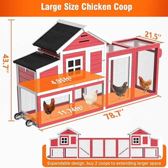 Chicken Coop for Outdoor, Mobile Poultry Cage with Wheels, Nesting Box, Weatherproof Roof and Leakproof Pull-on Tray for 4-6 Chickens, 78.7" L x 21.5" W x 43.7" H (Red)
