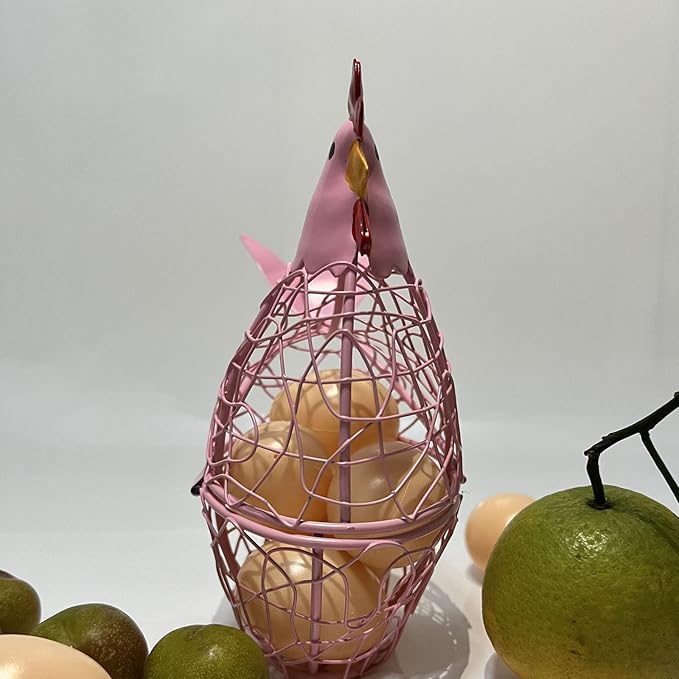 Wire Chicken Egg Basket for Desktop Decorative Ornaments,Egg Holder Chicken Shape Metal Egg Basket for Kids Gathering Fresh Eggs Farmhouse Rooster Wire Basket for Kitchen Countertop Decoration (Pink)