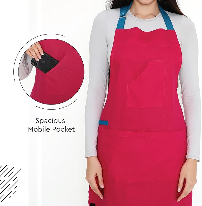 Encasa XO Adjustable Kitchen Cotton Apron With Pockets & Towel Holder Of Size 27x33 in (Hot Pink) for Men & Women Chefs For Cooking & Baking in Home, Restaurants & Barbeque