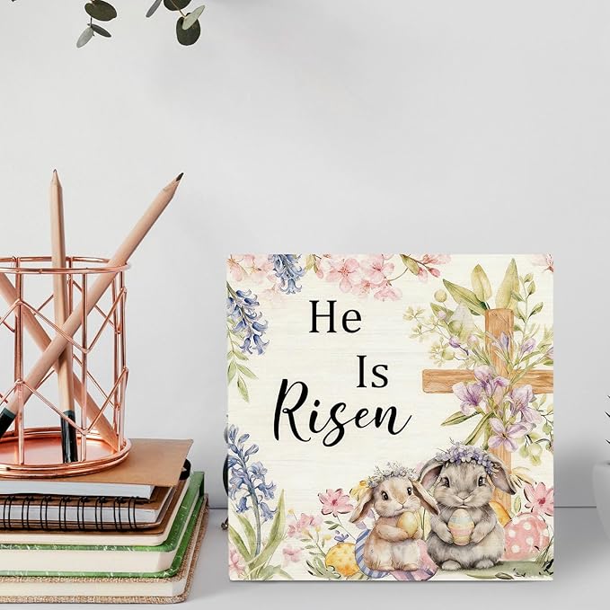 Easter Christian Bunny Wooden Box Sign Desk Decor, He Is Risen Easter Decor, Spring Floral Religious Cross Rabbit Wood Signs for Home Office Table Shelf Decorations, 5x5 Inch