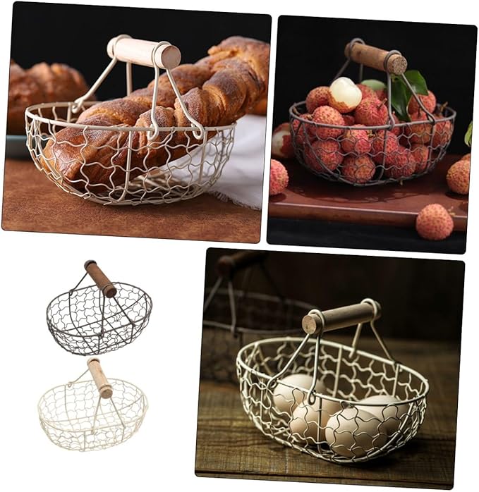 Vintage Rustic Metal Mesh Fruit and Egg Storage Basket Set with Wooden Handles, 2pcs Gray Black and Cream White Farmhouse Style Kitchen Organizer for Countertop and Tabletop Use