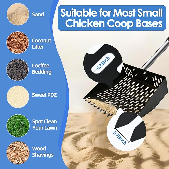 DEMARRE Chicken Poop Scooper & Rake 2-in-1, Metal Chicken Scoop with 35 to 65" Adjustable Stainless Steel Handle, Litter Scooper Sand Sifting Shovel Chicken Coops/Animals House
