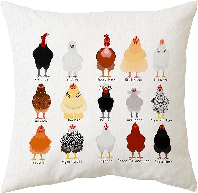 Sidhua Farmhouse Chicken Themed Pillowcase Decorations for Home, Cute Educational Breeds of Chickens Chart Pillow Cover 18”x18”, Chicken Lover Gifts, Farmer Men Women Girls Boys Gifts