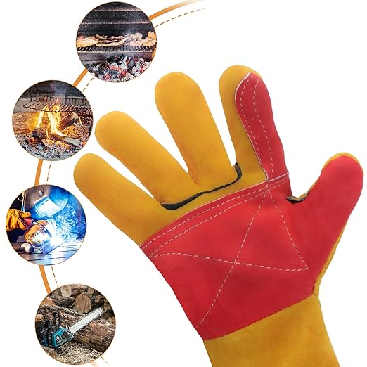 23.6" Leather Welding Gloves, 932℉ Heat-Resistant Long Gauntlet for MIG/TIG/Stick, Bite-Resistant Animal Handling, BBQ/Fireplace/Gardening, Reinforced Palm, Yellow