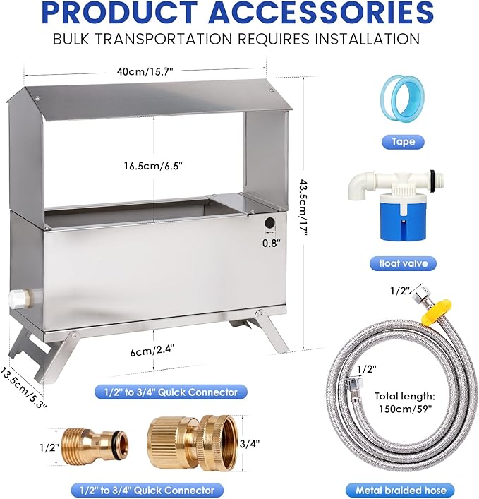 1.6 Gal Automatic Chicken Waterer Stainless Steel Poultry Waterer Dispenser with Float Valve Kit and Bottom Bracket Chicken Waterer Feeder for Hen Duck Goose Turkeys