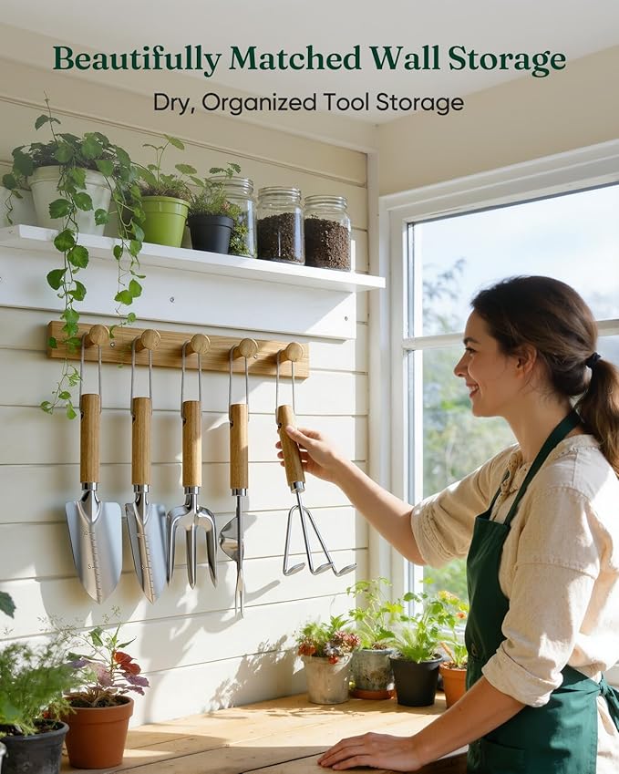 Wood Wall Hooks Organizer Gardening Tool Set, 6-Piece Garden Tools with 5 Sturdy Wooden Hooks for Wall, Rust-Proof Outdoor Garden Tool Set, Gardening Gifts for Women, Coat Rack Wall Mount