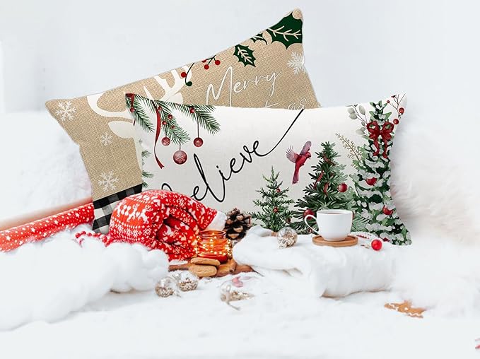 Christmas Pillow Cover 12X20 Inch Red Baubles Believe Christmas Tree Forest Bird Decoration Holiday Farmhouse Winter Pillow Case for Sofa Couch Decor