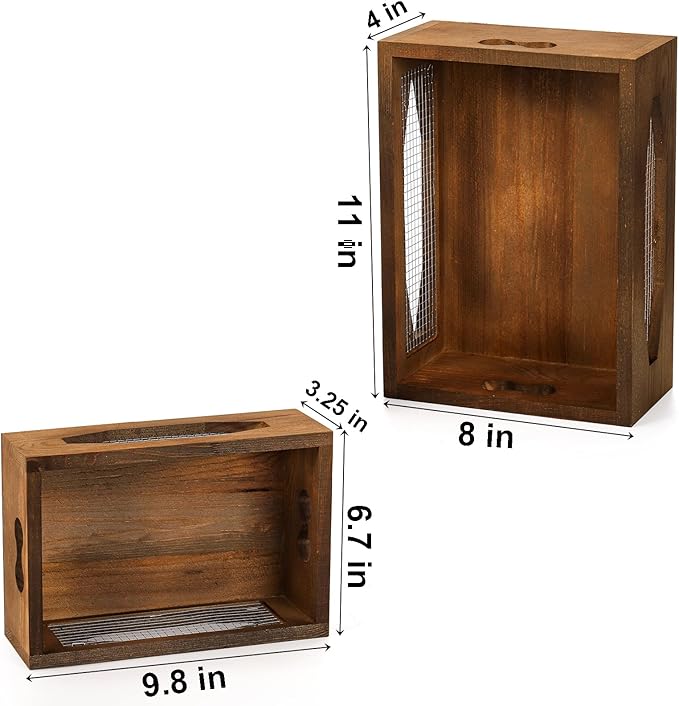 Okllen Set of 2 Wooden Nesting Countertop Baskets, Decorative Wood Storage Box Farmhouse Rustic Crate with Cutout Handles for Bread, Fruit, Vegetables, Kitchen, Bathroom, Pantry Supplies, Brown