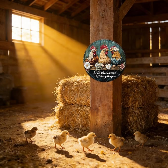 Chicken Wall Decor Live Like Someone Left The Gate Open Poster Funny Farm Chicken Coop Round Metal Tin Signs Home Kitchen Garden Restaurant Rooster Outdoor Yard Wall Art Decor 12 Inch