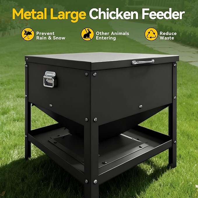 Large Metal Chicken Feeder, 80 LBS Heavy Duty Poultry Feeder Box with Waterproof Lid, No Waste Design for Hens, Roosters, Ducks, Suitable for Chicken Coops and Outdoor Use