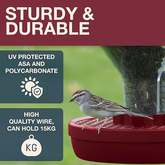 SWISSINNO Bird Feeders - No Mess Hanging Bird Feeder for Outdoors - Smart Birds Davos Spill Proof Wild Cardinal & Small Bird Feeder with Integrated Seed Catcher Tray - Dual Chamber - Burgundy