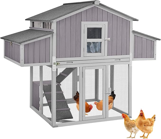 Large Chicken Coop with Unique Folding Design – Easy Assembly, Outdoor Hen House with 2 Nesting Boxes, Leakproof Pull-Out Tray, and UV-Resistant Roof (Grey)