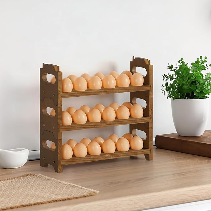 Wooden Egg Holder Countertop Fresh Chicken Egg Holders Storage for Gathering Fresh Eggs, 3-Tier Stackable with 36 Eggs, Farmhouse Home Eggs Rack Organizer Decoration