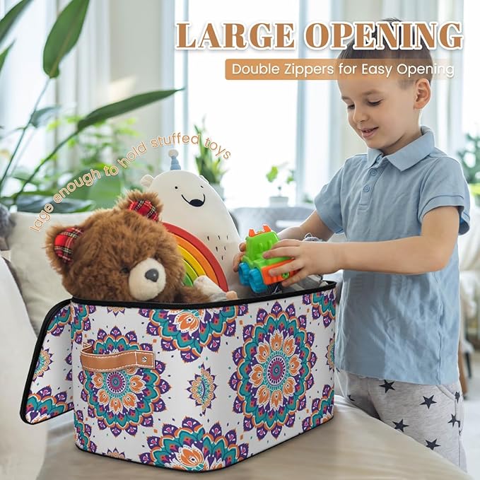 Floral Boho Storage Bins with Zipper Lid Fabric Storage Containers for Clothes Collapsible Closet Storage Basket with Metal Frame 2 Pack