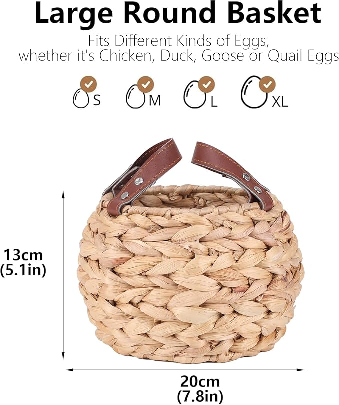 Farmhouse Egg Basket, Water Hyacinth Egg Collecting Basket,Round Wicker Basket with Handle,Large Capacity and Carrying Fresh Eggs,Egg Holder Countertop Cottage Decor for Kitchen