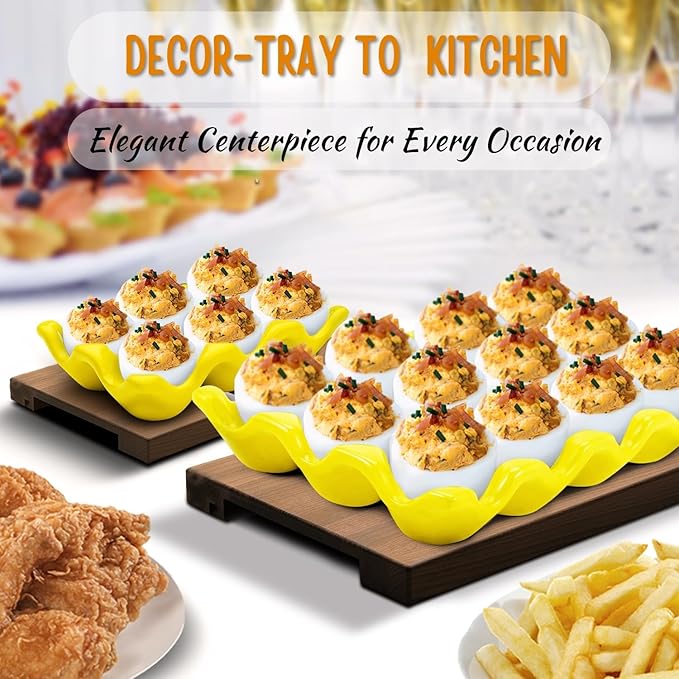 Flexzion 12 + 6 Cups Ceramic Egg Holder for Fridge - 18 Porcelain Egg Tray Container Keeper Storage Organizer Decorative Serving Stand Serveware for Refrigerator Countertop Display Kitchen (Yellow)