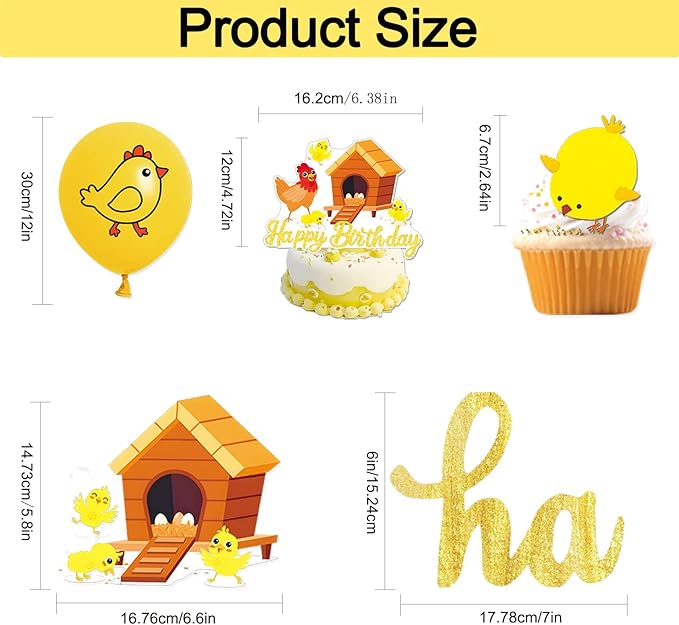 Chicken Party Decorations Gold Glitter Happy Birthday Banner Chicken Paper Garlands Chick Balloons Cake Cupcake Topper for Spring Easter Farm Theme Party Decor Supplies