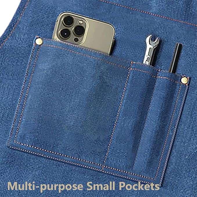 AFUN Work Aprons for Men with Large Pockets, Cotton Canvas Cross Back Heavy Duty Adjustable Tool Apron, Size M to XXL (Darkblue)