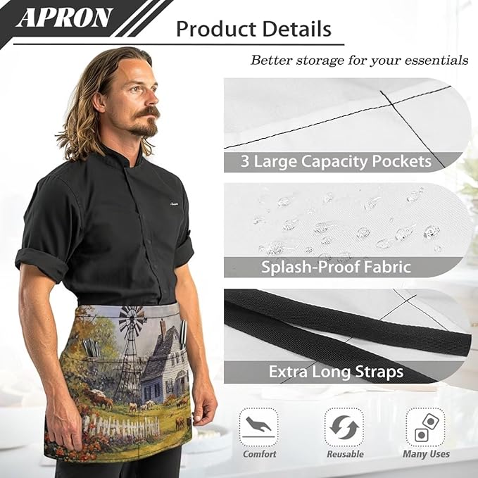 Waistress Apron with Pockets Coffee Waiter Apron Long String Chef Half Aprons for Cooking Kitchen Hairdresser