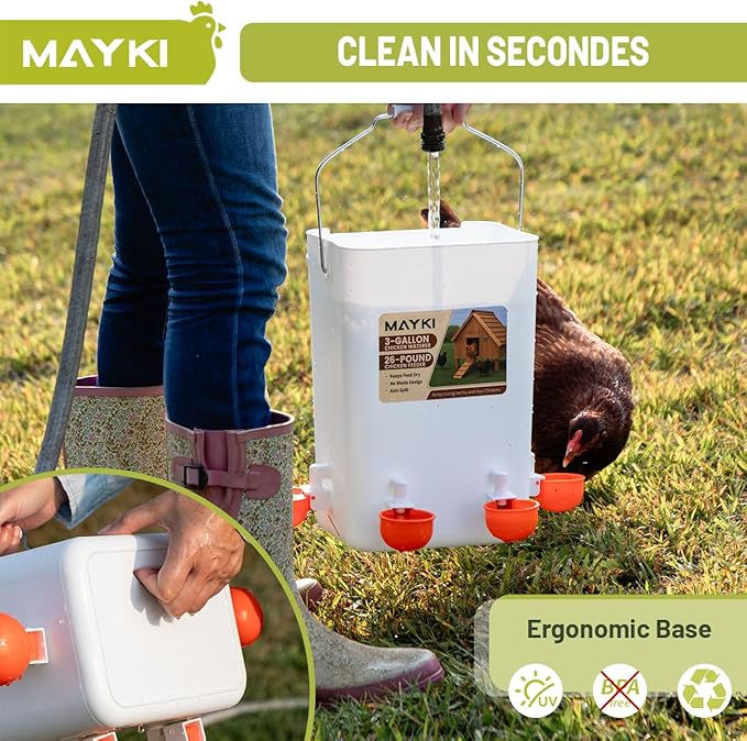 MAYKI Chicken Feeder and Waterer Set, 3 Gallon/26 LB No Waste Poultry Feeding System with Hanging Option, Automatic Coop Accessories for 10 Hens, Upgraded Feeder Port Water Cup, BPA-Free Winter Design