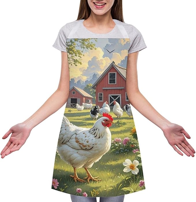 Chickens And Farm Chef Apron for Men Women with 2 Pockets Water & Oil Resistant Bib Aprons Adjustable Neck Strap & Long Ties Work Apron for Cooking Grilling Serving Crafts Gardening