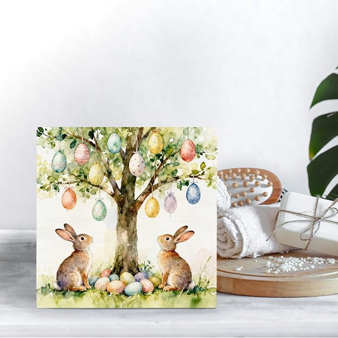 Easter Bunny Egg Tree Wooden Box Sign Desk Decor, Rustic Easter Two Rabbits Colorful Eggs Wood Signs for Bedroom Home Office Desk Table Shelf Decorations, 5x5 Inch