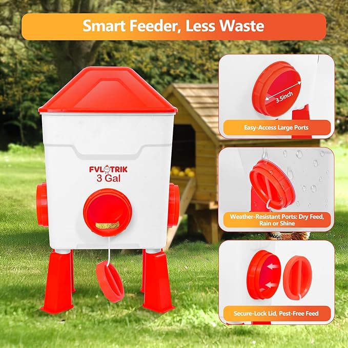 3 Gallon Chicken Waterer and Feeder Set with Legs, 2.75' Watering Cups & 3.5" Feed Ports for Large Beaks, Automatic No-Waste Feeders and Waterers, Easy No-Tools Assembly