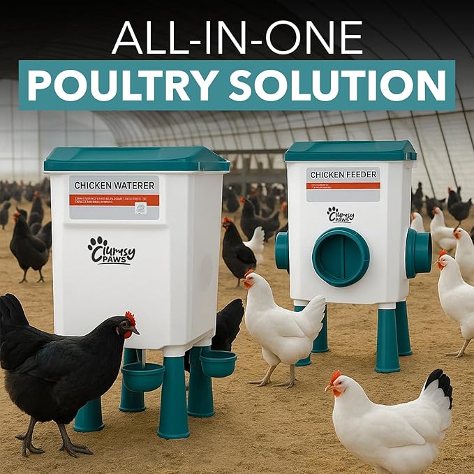 Automatic Chicken Feeder and Waterer Set, Adjustable 3 in 1 Poultry Feeder with Short & Long Legs & Hanging Hook, 7L Chick Waterer & 17.6lb Chick Feeder, No Waste Design for All Poultry Sizes