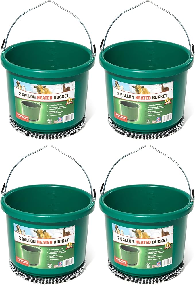 Farm Innovators HB-60 9 Quart 2 Gallon Plastic Heated Bucket w/Metal Handle, Built in Thermostat, & Anti Chew Cord Protector, 60 Watt, Green (4 Pack)