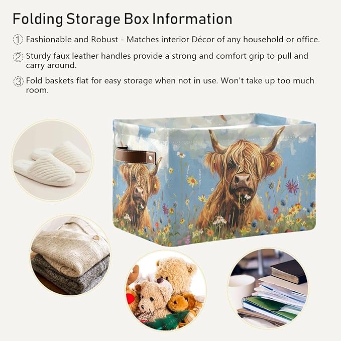 JIPONI Wild Highland Cow Fabric Storage Bins for Shelves, Decorative Storage baskets for organizing, Closet Organizer with Handle for Cloth, Toys, Bedrooms, Farmhouse