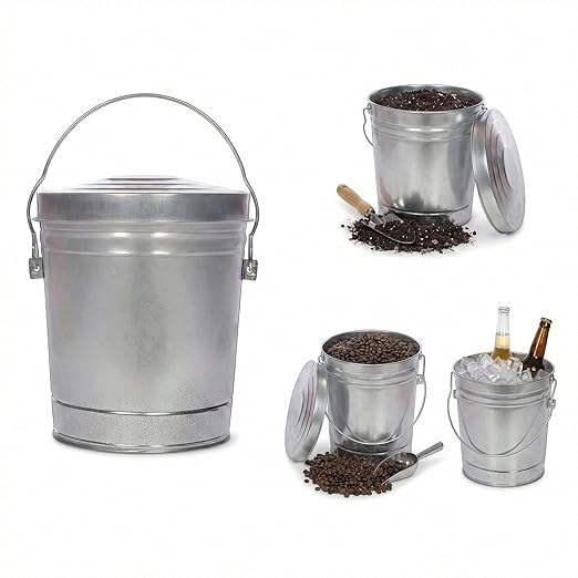 Galvanized Steel Locking Lid Storage Can, 6 Gallon, Heavy Duty Metal Pail for Bird Seed, Dry Pet Food, Charcoal Ash, Rodent Proof, Rust Resistant with Wire Bail Handle
