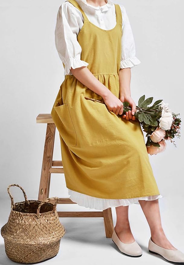 NEWGEM Cotton Linen Cross Back Apron for Women with Pockets for Cooking Cleaning Yellow without Waist Ties