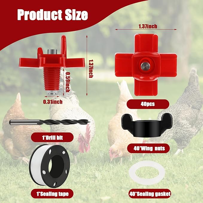 Chicken Water Nipples 40 Pack Automatic Poultry Nipples Horizontal Side Mount Nipples Drinker Non Leak Chicken Waterer for Bucket Chicken Feeders Chicken Coop Outdoor
