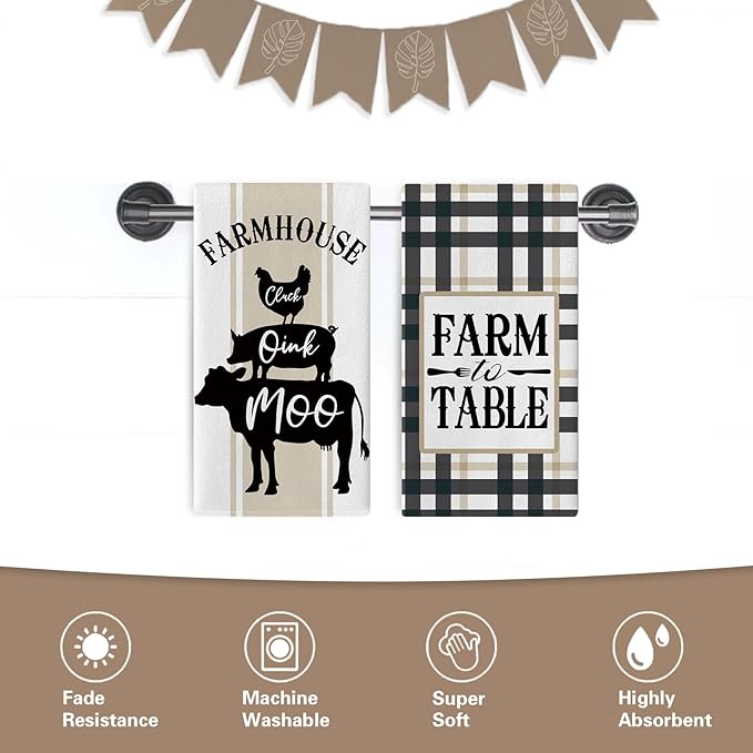 Farmhouse Animals Kitchen Dish Towels Set of 2, Chicken Pig Cow Chick Oink Moo Drying Hand Towel Baking Cooking Cloth, Farm to Table Buffalo Plaid Bathroom Home Decoration 18'' x 26''