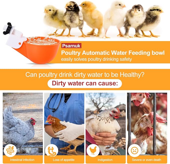 Chicken Waterer Cups (16 Pack/Orange) - DIY Automatic Large Chicken Water Feeder for Ducks Quail and Various Poultry Dispenser with Matching Drill, Double Rubber Ring, Not Leaking Wate