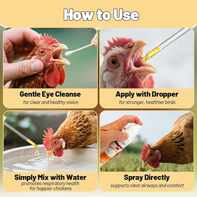 Respiratory Aid for Poultry, 4Oz Chicken Supplement for Sneezing, Coughing & Nasal Relief, Safe for All Birds, Dropper and Spray Top Included, Drinking Water Additive, Natural Liquid Formula