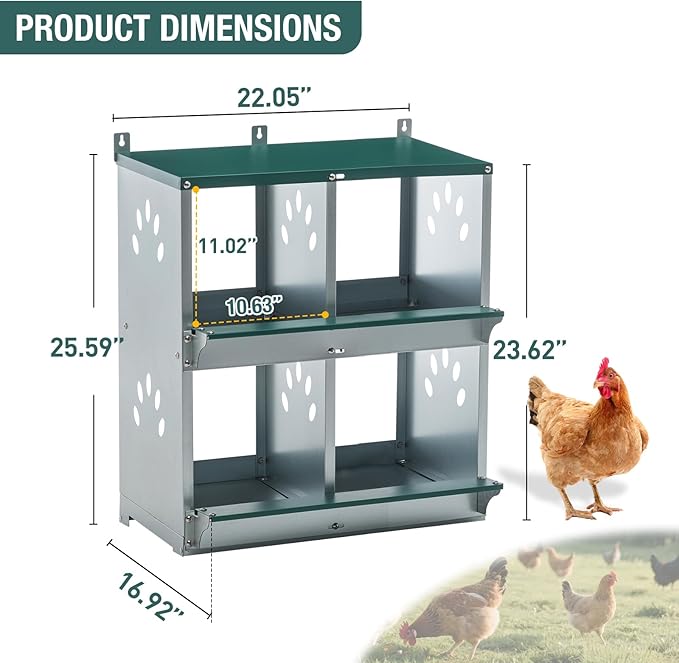 4 Compartment Metal Chicken Nesting Box, Roll Out Hen Laying Box for Easy Egg Collection, Wall Mount Poultry Nest Box for Backyard Chickens, Green, 22.05" L x 16.92" W x 25.59" H