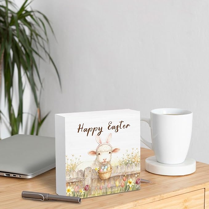 Happy Easter Lamb Wooden Box Sign Desk Decor, Spring Wildflower Easter Egg Farmhouse Sheep Wood Signs for Bedroom Home Office Desk Table Shelf Decorations, 5x5 Inch