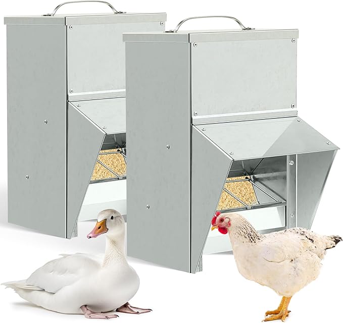 Uiifan 2 Pcs 11.5-50 Lbs Galvanized Chicken Feeder Weatherproof Poultry Food Dispenser with Lid Chicken Duck Food Dispenser Rat Proof Poultry Feeder for Cock Hen Duck(50 lb)