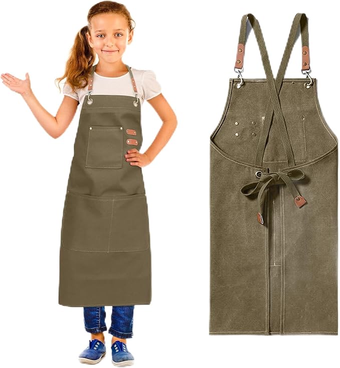 Unisex Aprons with Large Pockets,Cotton Canvas Cross Back Heavy Duty Adjustable Work Apron,Size Kids to Adult