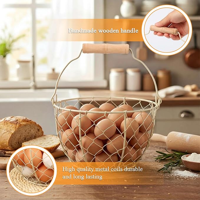 Egg Basket With Handle,Wire Egg Basket for Gathering Fresh Eggs, Round Egg Collecting Basket for Farm,Vintage Style Chicken and Duck Eggs Basket Egg Countertop Storage Container Holder ﻿(White)