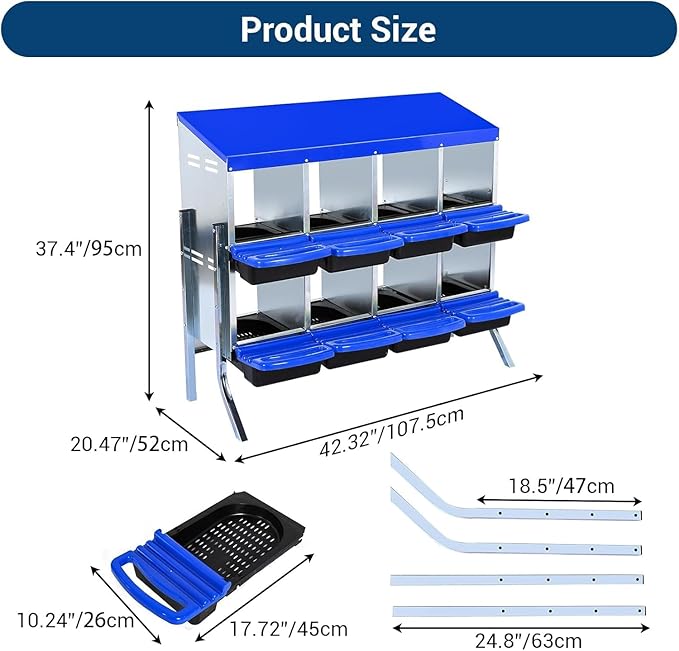 Chicken Nesting Box, 8 Hole 2 Layer Hen Nest Boxes with Legs, Roll-Away Egg Collection System with Ventilation Holes，Rustproof Plastic Tray & Keyhole Mounting, Chicken Laying Box