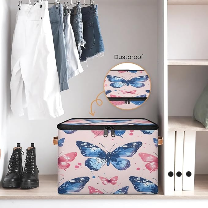 Storage Cubes with Lid Fabric Storage Bins Boxes PU Leather Handles, Colorful Butterfly Closet Organizer Container Foldable Washable Shelf Cloth Basket, Cute Butterfly