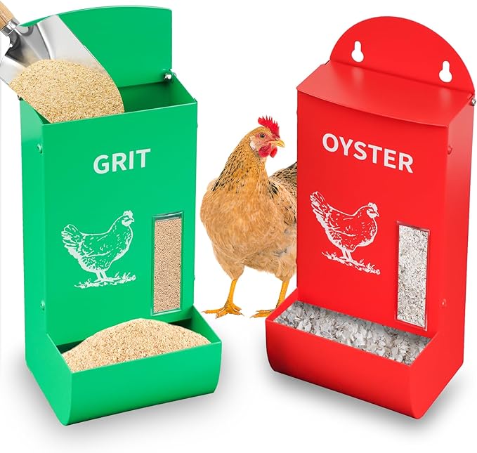 2Pack Automatic Chicken Grit & Oyster Shell Feeder with Rain Cover, Gravity-Fed Metal Poultry Feeder Trough for Coop, Outdoor Use