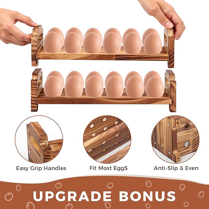 Wooden Egg Holder Countertop, 3 Layer Stackable Fresh Egg Display Storage Rack Organizer Farmhouse Egg Storage Basket with Handles Fits Duck, Turkey, Chicken Eggs