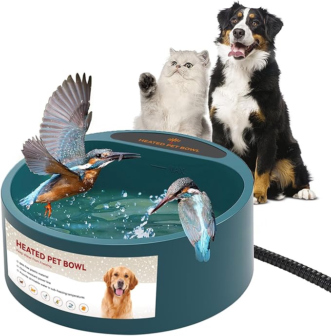 Enjoying Heated Pet Bowl for Cat Outdoor, 2.2 L, Ice Free, Heated Water Bowl for Dogs Chickens Rabbits Birds, Intellectual Temperature Control Thermal Bowl, Green