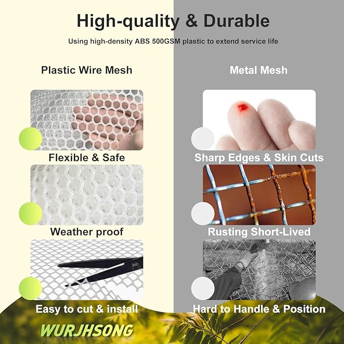 Plastic Wire Mesh Fence 16in x 20Ft Plastic Chicken Wire Mesh for Poultry, Dogs, Rabbit, Snake Barrier & Gardening Versatile Plastic Fencing (16in x 20Ft, White)
